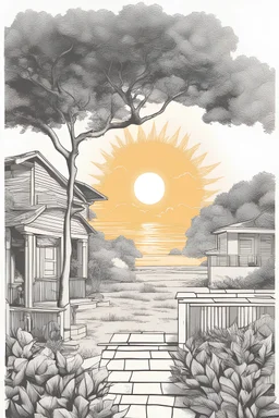 outline art for summer , line art ,sun,tree,men,house