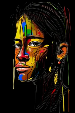 in abstract art Basquiat, Picasso, colorful acrylic colors representing, with expressive character--ar 16:9 --no text letter font. –c 40, Buffet and Picasso style, black background