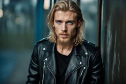 Hyperdetailed, 20-year-old german male, long blonde hair, wearing black leather jacket, neatly trimmed dark beard blue eyes