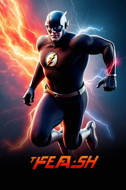 1/4 side view, looking at the viewer, Movie Poster - "THE FLASH" - A massive, thick, extremely muscular, 7'8" tall man, ((skintight, formfitting, textured, long-sleeved, Blue spandex bodysuit:1.5)), ((Silver knee-high boots:1.5)), ((Silver wrist gauntlets, blue fingerless gloves, silver, double holstered utility belt:1.5)), ((skintight, formfitting, blue spandex helmet with blue eye disguise,:1.5)), Running, multicolored lightning emanating from his body, an overly exaggerated muscular stature