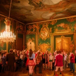 Party in a schloss, cheering people, Austrian aesthetic, warm colors, wood, green, red, 8k, HD, cinematography, photorealistic, Cinematic, Color Grading, Ultra-Wide Angle, Depth of Field, hyper-detailed, beautifully color-coded, insane details, intricate details, beautifully color graded, Cinematic, Color Grading, Editorial Photography, Depth of Field, DOF, Tilt Blur, White Balance, 32k, Super-Resolution, Megapixel, ProPhoto RGB, VR, Halfrear Lighting, Backlight