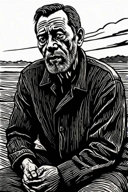 create a deeply powerful tragic, heart wrenching, and evocative, full body woodcut of a raw and weathered refugee father with highly detailed and deeply cut facial features, lost in a horrific post apocalyptic Gaza, in the style of KATHE KOLLWITZ , searing lines and forceful strokes