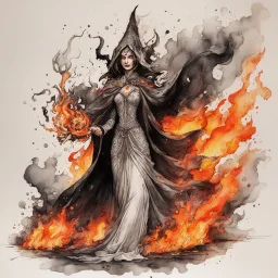 create an abstract ink wash and watercolor caricature of a beautiful, malevolent, ornately dressed , 14th century sorceress engulfed in fire ,highly detailed with refined facial features in the cartoon caricature style of Gerald Scarfe and Ralph Steadman precisely drawn, boldly inked, vividly colored, 4k