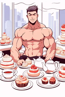 BOYISH young mechanic man with huge muscles and his top off enjoying high tea by himshelf with little cakes, with large title( FAG BOI TEA HOUSE)