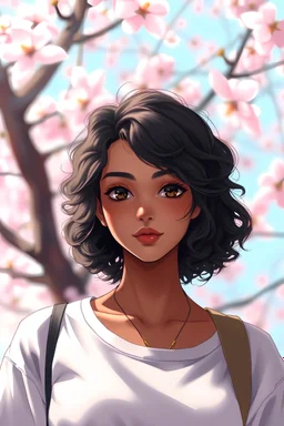 twenty eight year old Indian brown girl with short black curly hair, dark brown eyes with casual clothes style, full body, from head to toe, best quality, digital painting, 4k, sharp focus, intricate texture, skin imperfections, cherry blossom background. , interactive novel style,bokeh, professional, anime clean drawing,Your Name, 4k, highly detailed, clear lighting, beautiful lighting