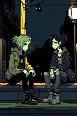 2D animasyon gece oturmuş birbirleri ile sohbet eden 2 kız kısa saçlı ve daha güzel kıyafetler daha detaylı punk tarzı