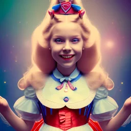 3D close-up of a beautiful "Alice in the wonderland",ten years old,disney, sarcastic smile, high contrast, glowing backlighting, blue and red backlighting, vibrant hair, dark brown eyes, sharp focus, high makeup, medium face painting, background blur.