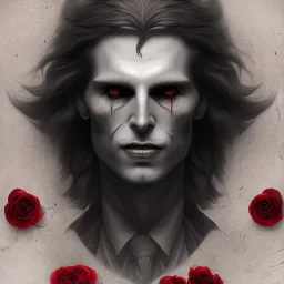 Mystery scary VAMPIRE LESTAT.Ambiance dramatique, dramatic lighting, volumetric lighting, hyperrealisme, 8k, high quality, lot of details, fit within portrait , black and red roses , the vampire teeth , anna dittman