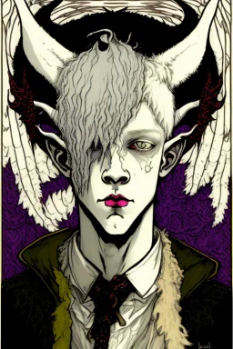 Emo, albino, teen, goat horned, satyr, alchemist, with goat horns on his head, in the style of Harry Clarke