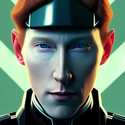 portrait, general hux, wearing a black First Order uniform, serious, imposing figure, thick eyebrows, 8k, digital art, red light coming from the left and blue light coming from the right cinematic lighting, wearing a black First Order uniform, green eyes