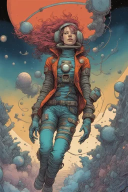 a starship pirate punk female captain in a deep-space diving suit, colorful , floating into the insane and confusing universe of the Angelarium colorful by Hergé, François Schuiten, Ivan Bilibin, Katsuya Terada, Mike Mignola, Paul Pope