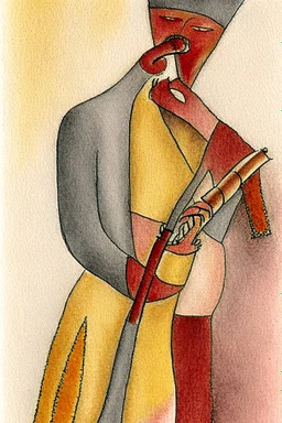 Pencil drawing and watercolour by Paul Klee grey and gold and red of a man playing the saxophone