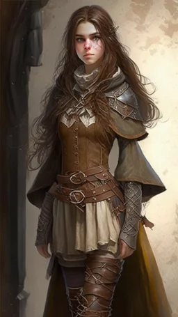 girl, brown hair, Her eyes are brown, she wears fantasy medieval clothes, she is slim, full body with boots