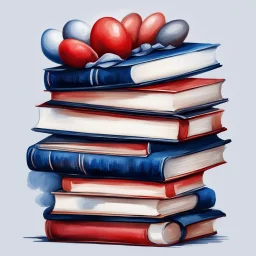 Hand drawn illustration, oil painting, in the style of Easter illustrations, midnight blue and red, stack of books with airbrush tape, white background only