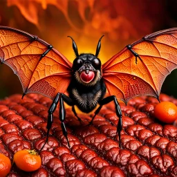 A national geographic award skin color patterned like a poisinous incect or reptile, horrorcore, science gone crazy, winning photograph of of a bat spider housefly hybrid in nature and on the hunt, 64k, reds, oranges, and yellows anatomically correct, 3d, organic surrealism, dystopian, photorealisitc, realtime, symmetrical, clean, 4 small compound eyes around two larger compound eyes, surrealism telephoto dynamic lighting 64 megapixels Unreal Engine volumetric lighting VRay