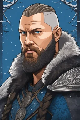 Ragnar Lothbrok in 8k cartoon artstyle, blue eyes, Bald, beard, tattoos, winter, close picture, highly detailed, high details, detailed portrait, masterpiece,ultra detailed, ultra quality