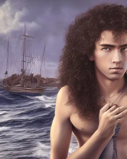 beautiful 12 year old arabic boy with long, curly hair and light blue eyes,shirtless, in front of a boat