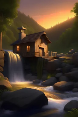 Small house by a waterfall on a sunset evening