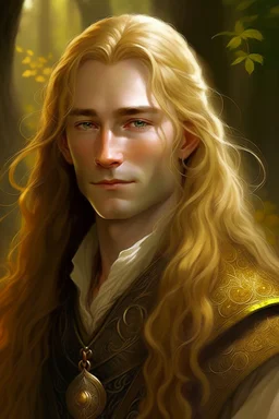 A young serene Lord Of The Rings like man with long golden hair that cascades gracefully. His open eyes, with blind pupils, reflect a depth of wisdom and inner peace. A gentle smile graces his face, adding warmth to his tranquil demeanor.