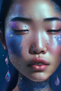 A 3D photorealistic fantasy portrait of a beautiful Asian girl with a glittering half moon for eyes and shiny pink tiny lips with sparkling blue drops of water tattoos drawn all over her face and glittery twinkling star tattoos drawn all over her neck.