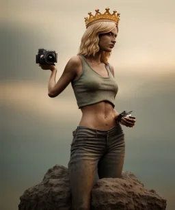 Statue of Queen of photography. Cute blonde woman. Photographer in golden crown. Standing on the street. Big camera in her hand. hyperdetailed, photorealistic, trending on artstation, greg rutkowski, beksinski, kodachrome