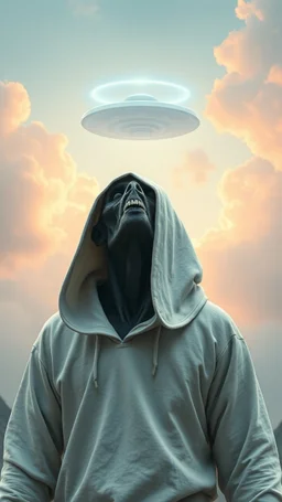 The creature from the the movie Prometheus with white hooded clothes looking up at ufo in the sky front view