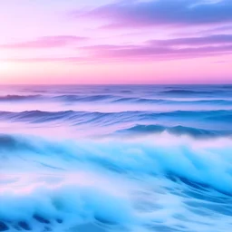 Sea, waves made of very soft clouds, pale pink, lit