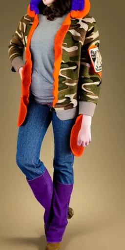 Brunette woman in her 30's. thick thighs, thick calves, flat belly, wide hip. Mantle is sewed of recycled Denim and sewed together of camouflage pieces. Printed camouflage figures are orange,terracotta, cream and purple. It is with big bright purple felt tippet and cream-colored-hood. mantle is merged with satchel. . AKG-style headphones (gold rings!) is merged with small felt cap with small visor. Style: Haute Couture in 1936, Paris fashion in 2023, inspired by street art. Cream latex gaiter.