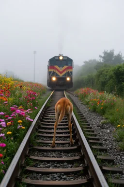 a train tracks in it a lot of colorful wild flowers , a train shows is coming forward , foggy, cloudy gray sky, and thunders , a dear legs sticks in the train tracks and can not move