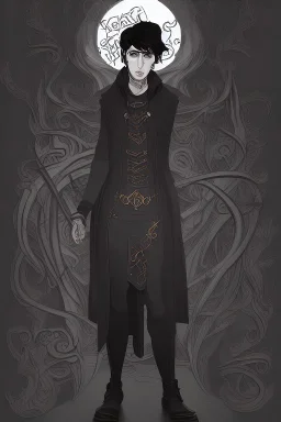 black haired young man necromancer wizard with gothic jewelry and tentacle fingers in the style of Aubrey Beardsley