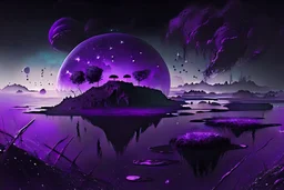 Floating Islands, Dark Purple and Black Night Sky, Stars, Space, Distant Alien Planets, Numerious Islands, Dead Grass, Dense Purple Fog