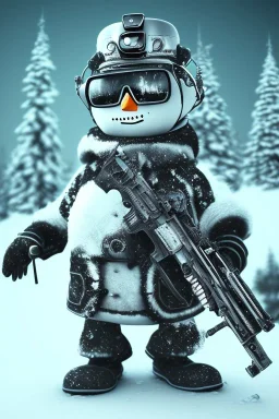 Snow man like a cyborg,with sunglasses,with gun,detail,textures,cinematic