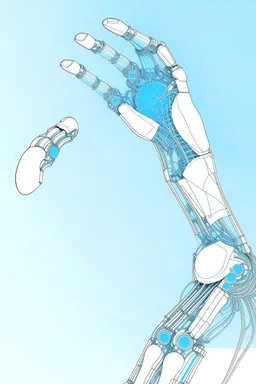 Draw mechanical arm with slender flexible structure and flexible joint drawing scientific papers. The three-dimensional structure in the figure needs to be filled with color, and the background uses the light blue sky composition.