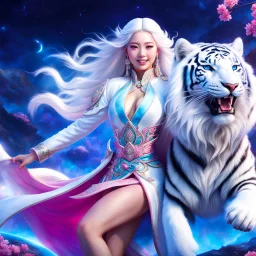 (masterpiece, best quality, 8k, RAW photo, beautiful and aesthetic:1.2), complex detail, Indirect light, photorealistic, (((full body))), 2 Gorgeous Cosmic asian goddess smiling, long curved white hair, blue eyes, Mixed, sci-fi and traditional asian outfit with pink velvet and white furs, riding a white tiger who is running in a colorfull snowy landscape with bokeh