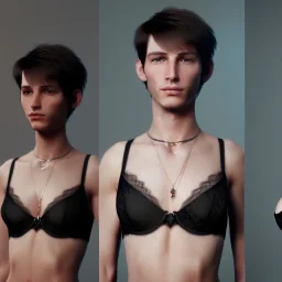 a short hair guy with a boyish face a beautiful cleavage in a lace neckline with a man's short haircut a thin waist and wide hips in bra and amulet of black magic