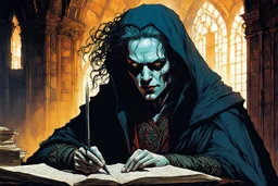 create an ancient Lasombra vampire woman, studying an arcane manuscript in a ruined Medieval scriptorium , in the graphic novel style of Bill Sienkiewicz and Jean Giraud Moebius, highly detailed facial features, grainy, gritty textures, dark and foreboding, otherworldly and ethereal