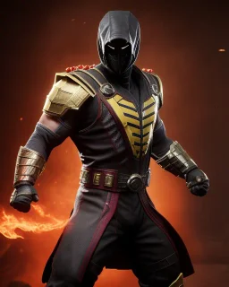 Scorpion from Mortal Kombat 11, highly detailed, hyper-detailed, beautifully color-coded, insane details, intricate details, beautifully color graded, Cinematic, Color Grading, Editorial Photography, Depth of Field, DOF, Tilt Blur, White Balance, 32k, Super-Resolution, Megapixel, ProPhoto RGB, VR, Half rear Lighting, Backlight, non photorealistic rendering