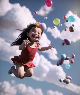 Ultra realistic speed clouds sky scene, wide angle view, childs falling down with many Childs background, circus dress style, feather color, free jumping flying, many trinkets, hair monster, many jelly beans, balls, color smoke, smile, happy, extreme, wind, clouds sea, 20,000 feet altitude, stratosphere, soft color, highly detailed, unreal engine 5, ray tracing, RTX, lumen lighting, ultra detail, volumetric lighting, 3d, finely drawn, high definition, high resolution.