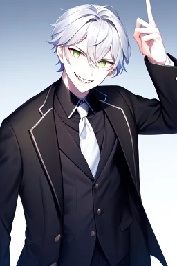 plauge doctor in balck leather coat and suit with silver hair, pale skin and bright green eyes smiling with sharp teeth, nice young face, male, viscious smile