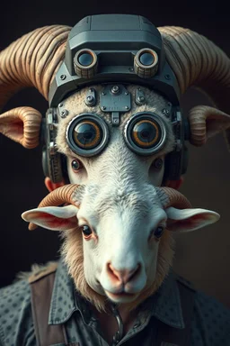 with heading (autofarm) in poster form,a portrait of a fat head mechanic sheepman, man is eating a hybrid mixed body part sheep, giant eyes sheep alien style H.R giger look