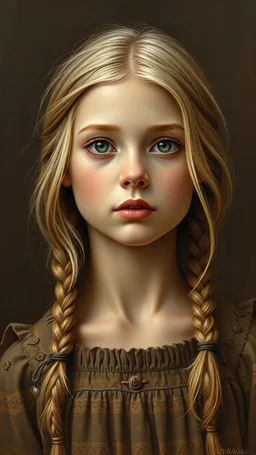 grant wood painting style , a portrait of a beautiful young blonde girl in light brown colors and dark brown background