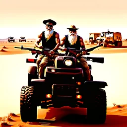 make a picture of 3 poor looking black men in a desert. they are in afghanistan. behind them is a raided village they are holding rifles. they look very very dangerous and have long white beards. they have ak47 rifles. They are sitting on an atv driving to the right