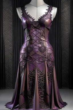 A long dark mauve leather dress with lace inspired by fractals in nature.