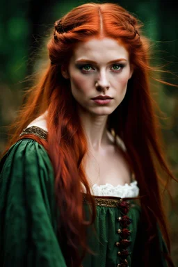 Portrait of a young peasant girl aged 18, forward facing. long red hair and green eyes. dark fantasy.