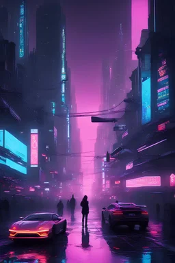 a futuristic cityscape, cyberpunk theme, neon lights reflecting on wet streets, hover cars zipping between towering skyscrapers, diverse crowd with augmented reality accessories, holographic billboards, detailed, moody, atmospheric, rain-soaked, night scene, high contrast, vivid colors.