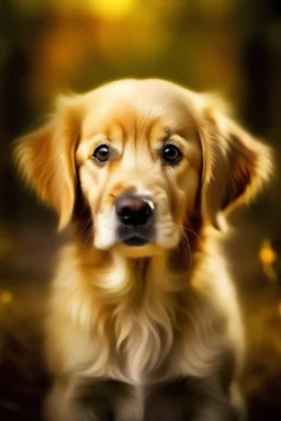 perro cachorro golden retriever mirando de frente según pintor impresionista con fondo iluminado