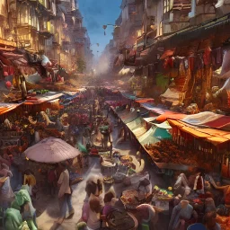 a crowded market with people eating and drinking, food, love,family, Grand Feasts, ultra detailed, style of arrival, detailed matte painting, deep color, fantastical, intricate detail, splash screen, complementary colors, fantasy concept art, 8k resolution trending on Artstation Unreal Engine 5