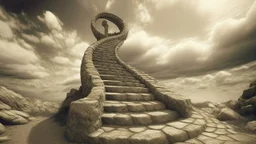 Winding stone spiral staircase leading up through clouds toward an unknown, fantastical destination, vintage sepia, film effect, creative, detailed brush stroke, minimal spalsh