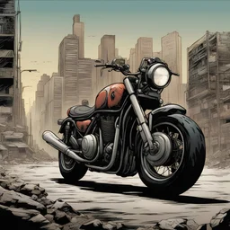 motorcycle, apocalyptic city background, comic book,