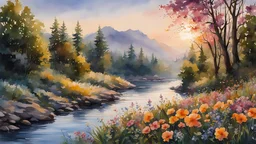 Beautiful landscape, dawn, flowers, river, trees, Watercolor, trending on artstation, sharp focus, studio photo, intricate details, highly detailed, by greg rutkowski